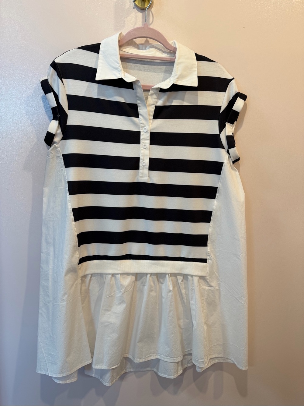 Girls' Black & White Striped Polo Dress Top